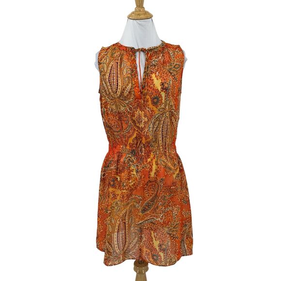 Lauren Ralph Lauren Paisley Dress Women 2P Petite Semi Sheer Keyhole Cinch Waist - Picture 1 of 15